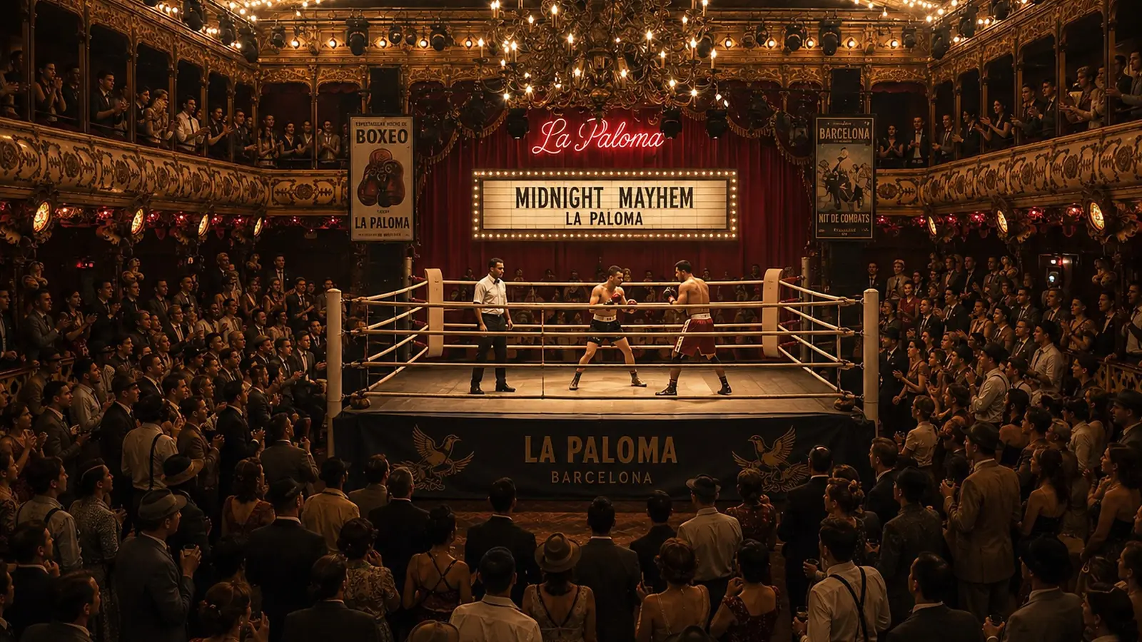 Fight night at La Paloma: a boxing ring under the chandeliers, surrounded by guests in the ballroom and balconies