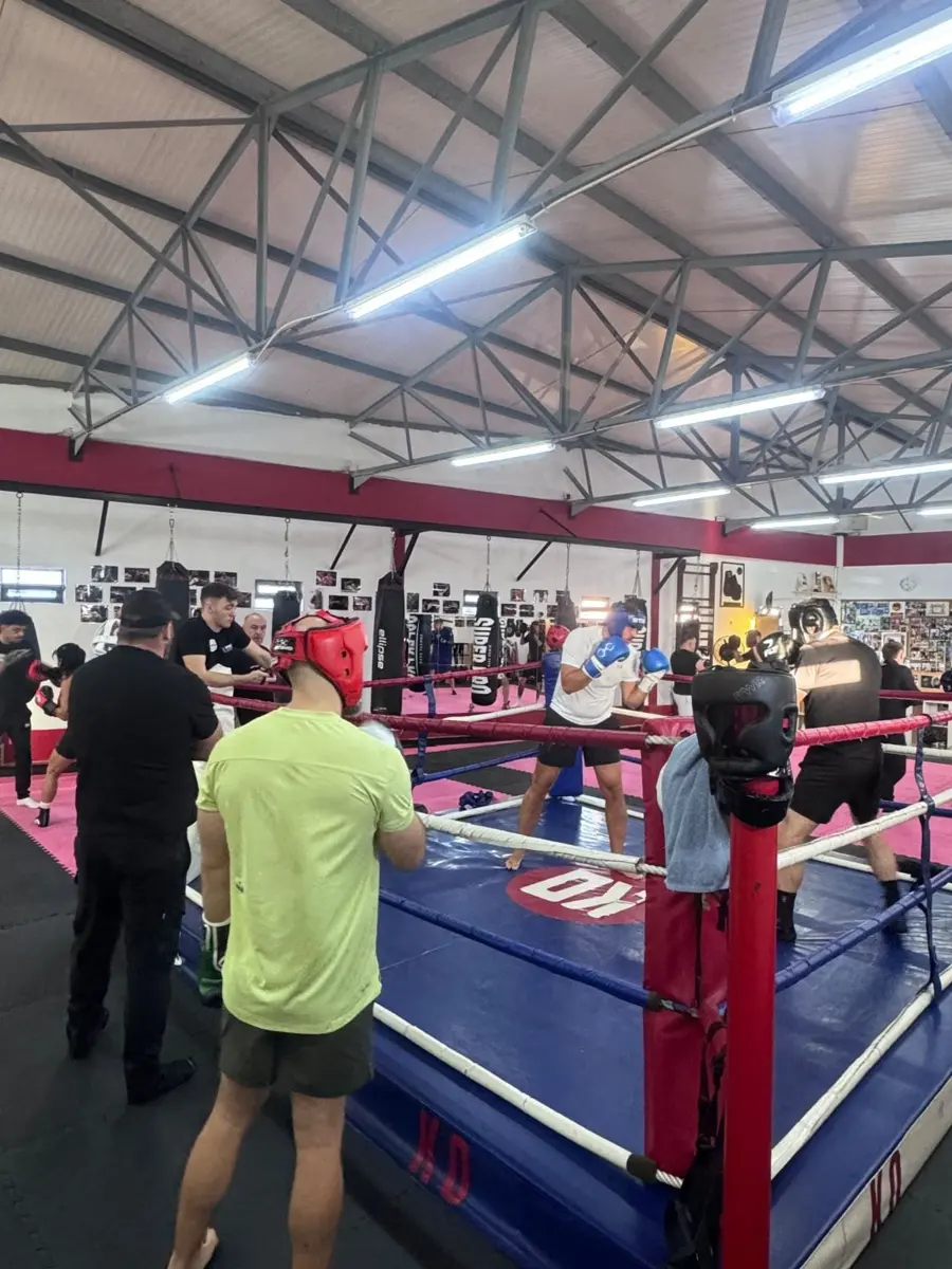 Fighters in head guards getting ready for sparring rounds