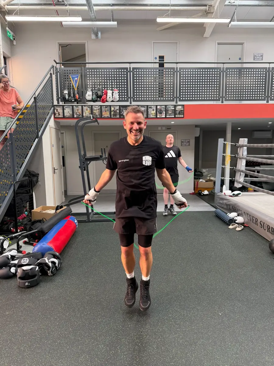 Skipping to warm up, all smiles